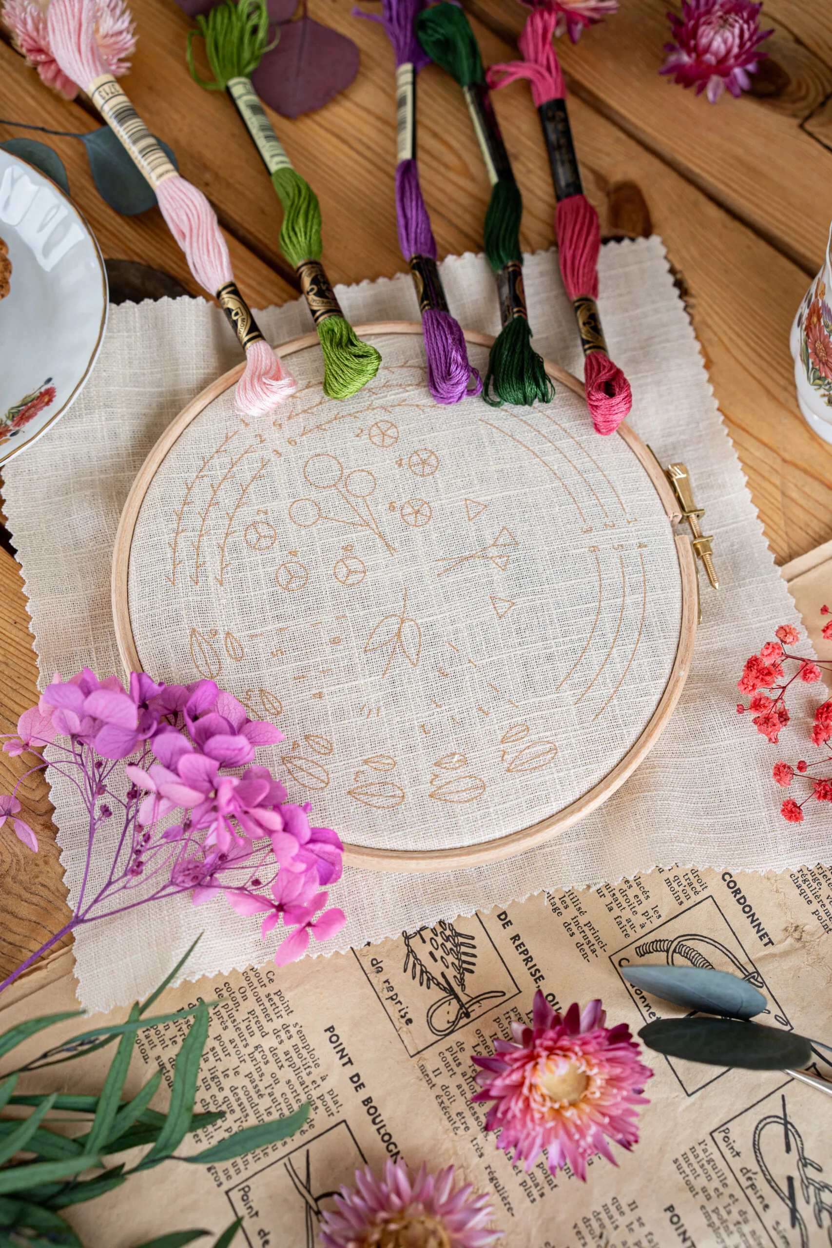 Kit broderie "L'apprenti fleuriste" Tome 2 entouré de ses echevettes de fils, et prêt à être débuter