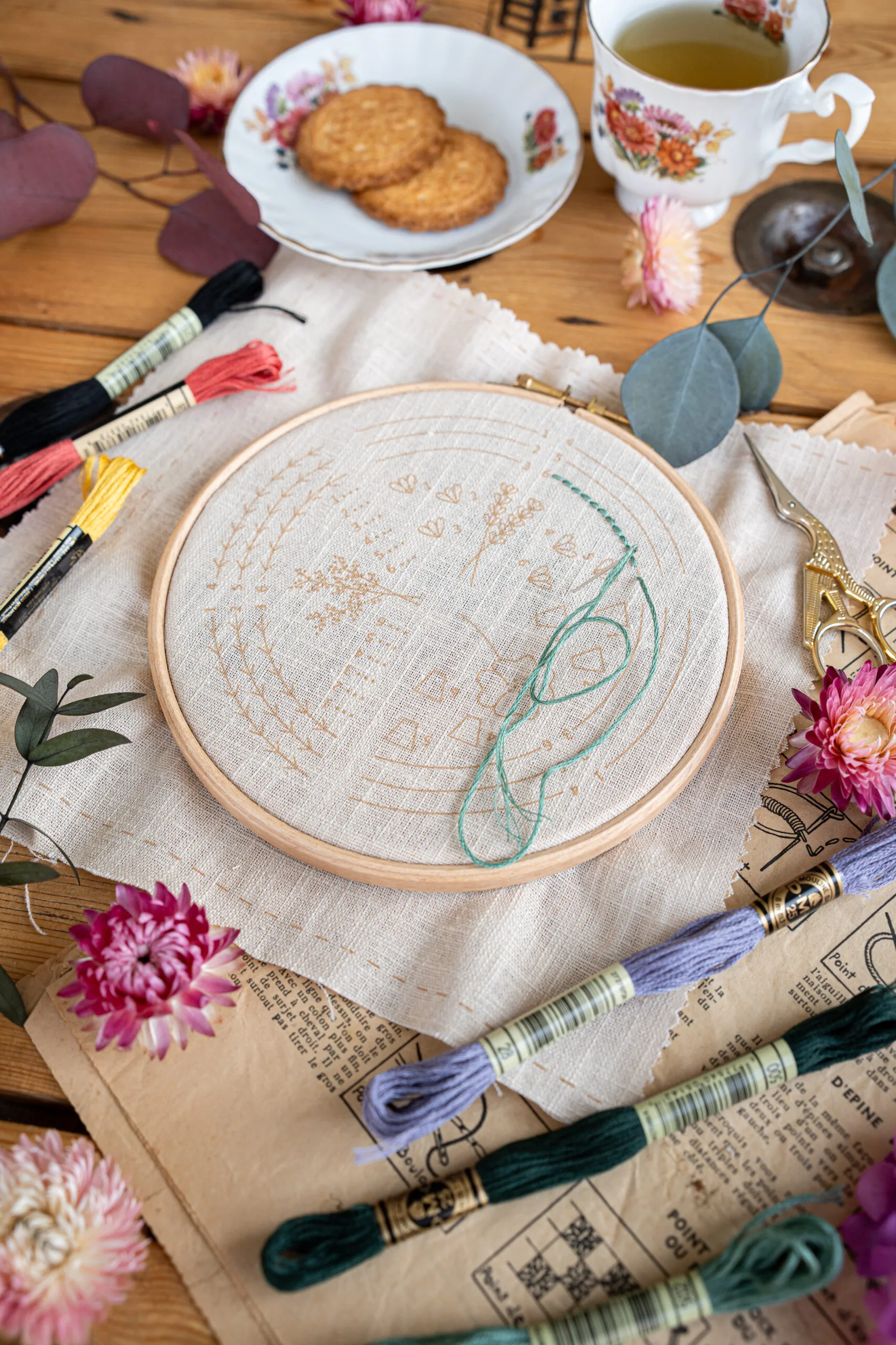 Modèle Kit broderie "L'apprenti fleuriste" Tome 1 en cours de broderie