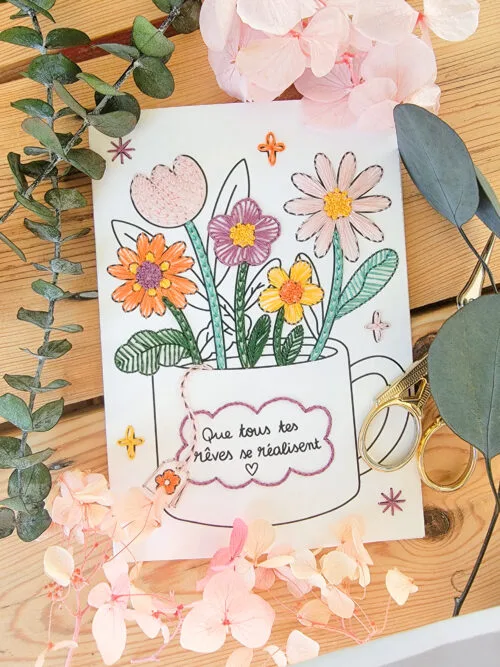 Modèle brodée d'une carte d'une tasse fleurie souhaitant des voeux de bonheur pour la nouvelle année