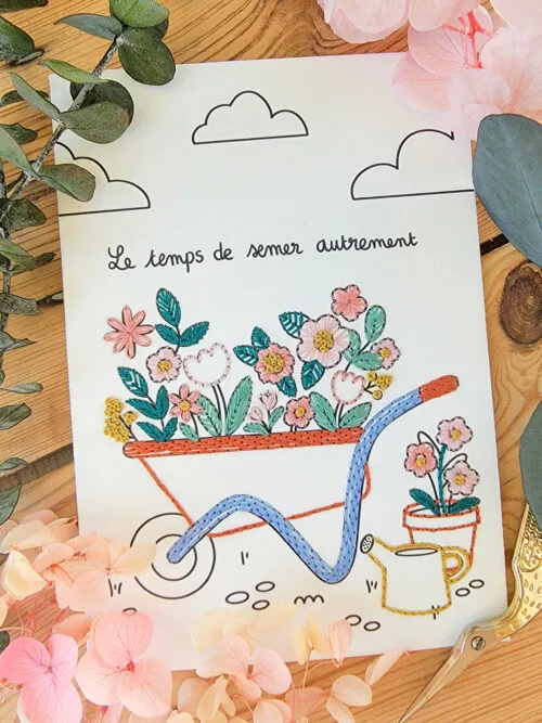 Exemple brodé de la carte à broder retraite du modèle la brouette fleurie