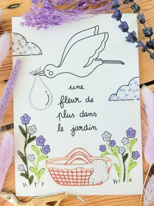 Carte brodée du modèle la cigogne et son baluchon à offrir pour une naissance
